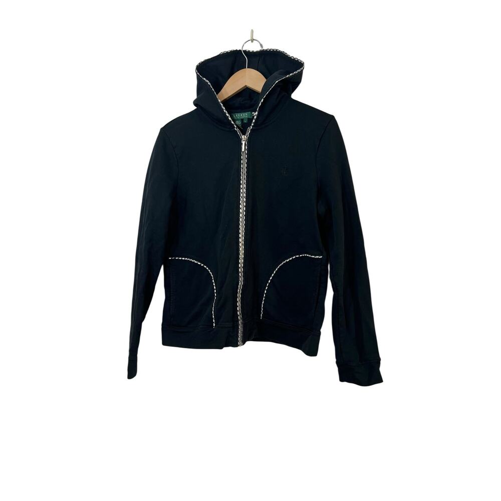 Lauren Ralph Lauren Full Zip Hoodie Gingham Trim Y2K Old Money Black SZ L